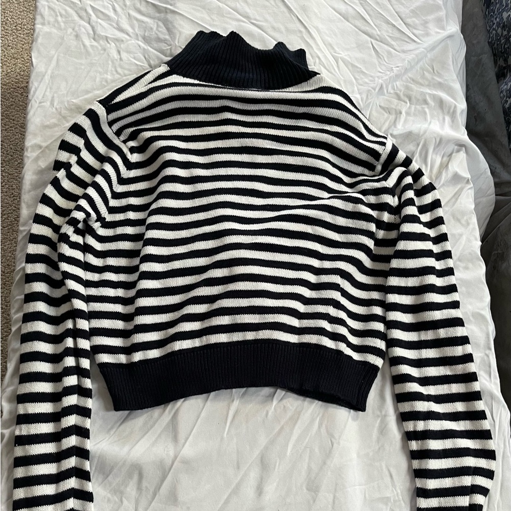 Brandy Melville navy and white striped cropped quarter zip sweater.